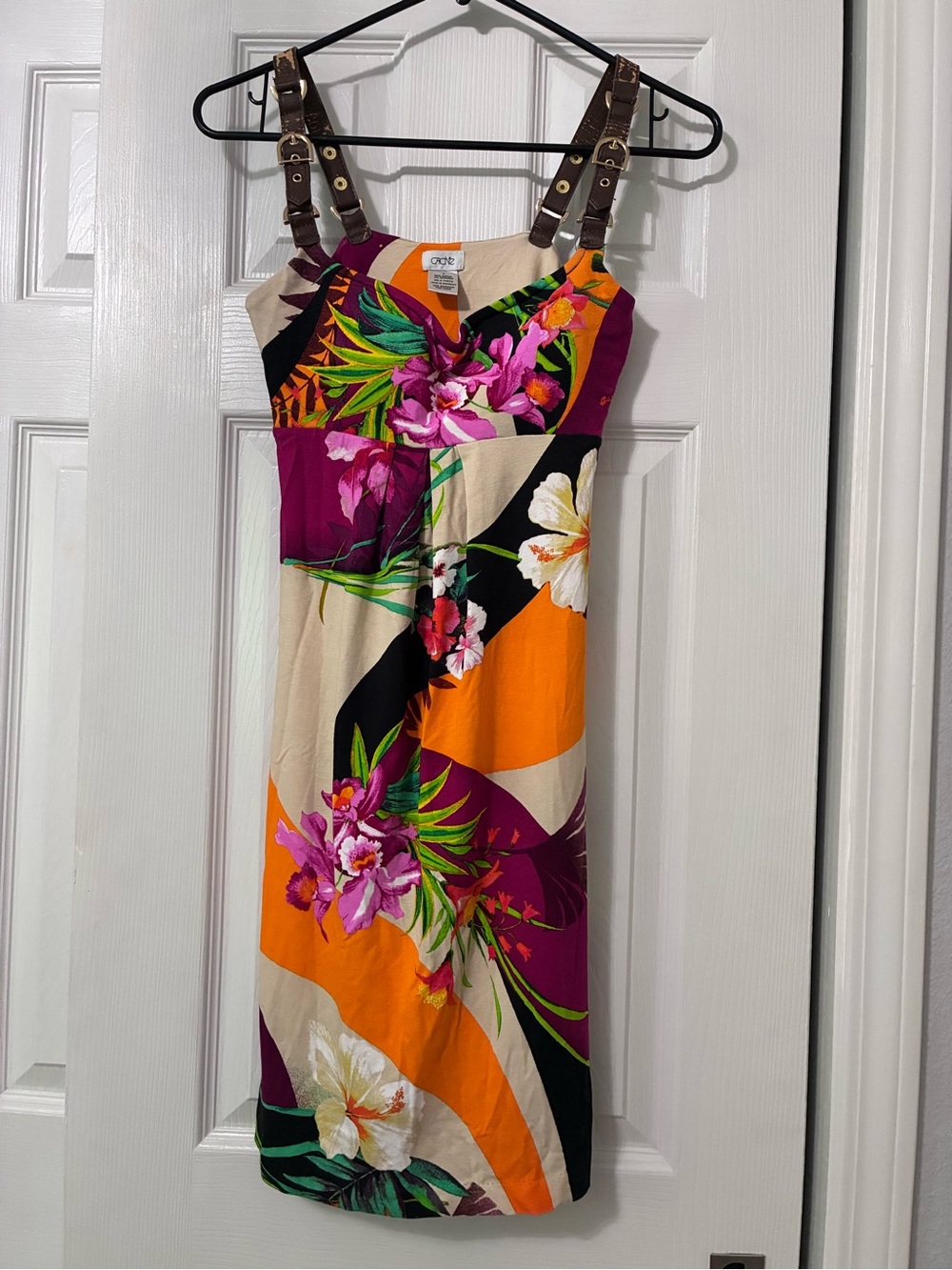 Cache Y2K Floral Tropical Print Sundress in Fuchsia & Orange size s